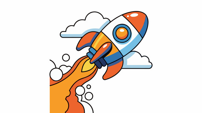 A cartoon-style illustration of a rocket ship blasting off into the sky