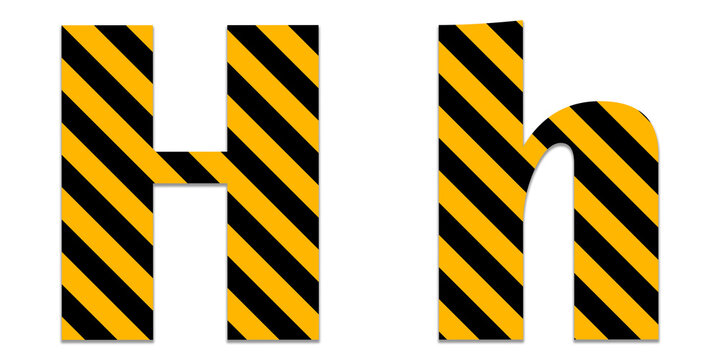Uppercase and lowercase letter h with yellow and black diagonal hazard warning stripes pattern isolated on a transparent background