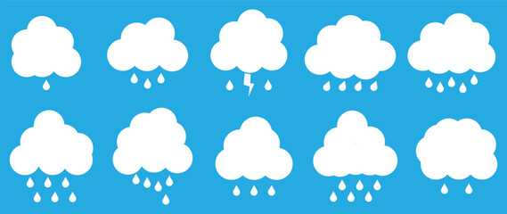 Fototapeta premium Rain cloud icons set. Flat weather icon set with rain drops and lightning bolt. rain cloud silhouette vector icon set, blue color and white background