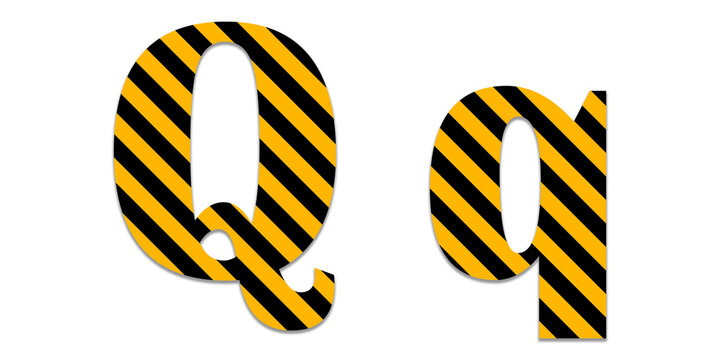 Uppercase and lowercase letter q with yellow and black diagonal hazard warning stripe pattern isolated on a transparent background
