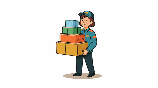 A cartoon delivery person carrying stacked boxes