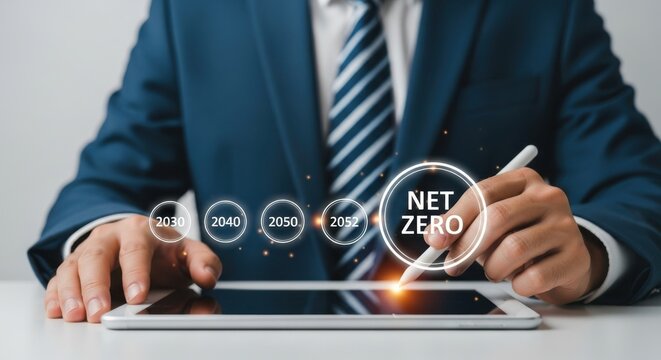 Businessman planning net zero goals on digital tablet with futuristic interface