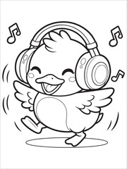 Obraz premium Happy cartoon chick with headphones dancing isolated on white background, illustration