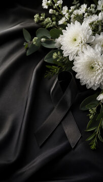 White chrysanthemum flowers and black mourning ribbon on black fabric. Elegant grief and remembrance still life for funeral design.