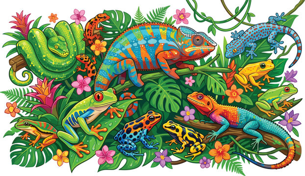 Tropical Rainforest Reptiles and Amphibians Vector Composition with Colorful Chameleon, Green Python Snake, Lizards, Tree Frogs, and Exotic Jungle Flowers