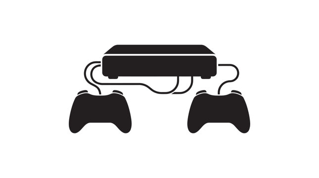 Game console and controllers silhouette against a white background