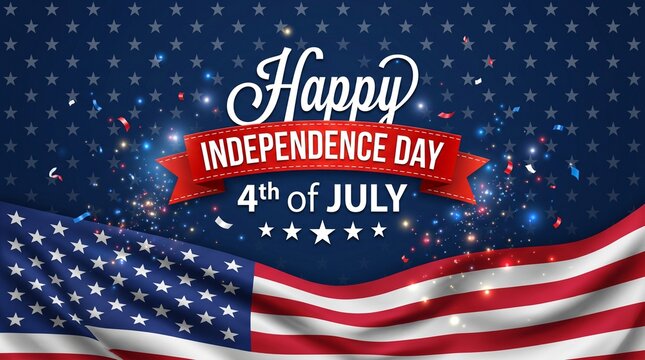 Happy Independence Day 4th of July greeting, American flag background with festive confetti and stars, patriotic United States holiday celebration banner
