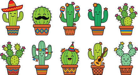 Cute Mexican cactus vector set featuring funny kawaii characters with sombrero hats, maracas, mustaches, guitars, and colorful pottery pots for Cinco de Mayo decorations. © Shefali