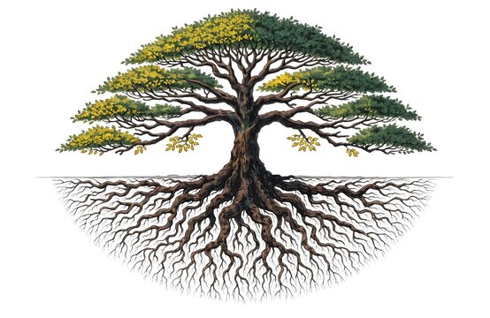 Large tree with extensive root system illustration