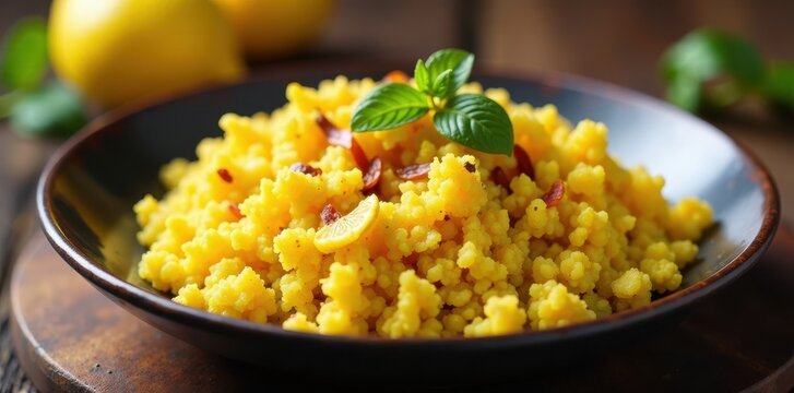 Kandahal and potato flakes cooked with spices, herbs and lemon juice , poha, kandahal, Maharashtrian breakfast