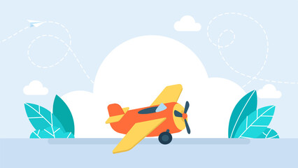 Bright cute airplane flying in the sky, small cartoon biplane representing travel, child toy flight adventure, aviation transport and vacation trip. Vector illustration. © Yurii