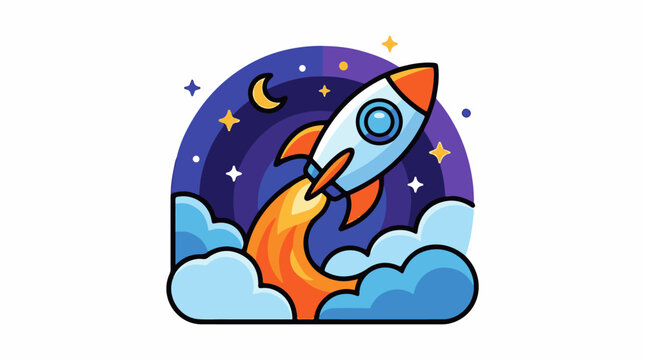 A cartoon rocket ship blasts off into a starry night sky with clouds