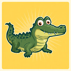 Fototapeta premium A cute cartoon crocodile in a simple flat style, featuring big expressive eyes, a friendly smile, simple shapes, and a thick outline against a solid colorful background.