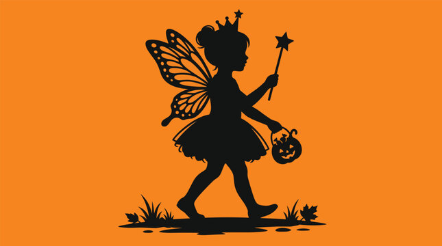 Charming fairy princess child with butterfly wings and magic wand carrying a pumpkin candy basket. Elegant Halloween silhouette vector illustration isolated on orange background.