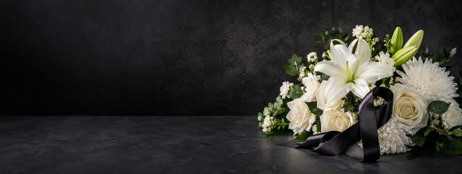 Close up of white roses, lilies and black ribbon. Funeral floral arrangement on pale stone background for grief and condolence.