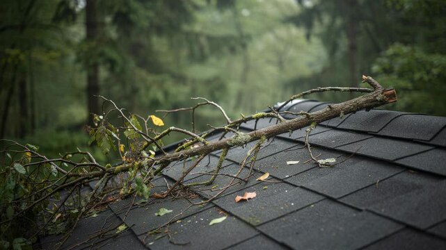 Tree branch fallen on black shingle roof in forested area after storm or strong wind
