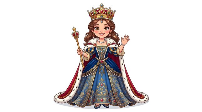 Illustration of a Cartoon Queen in Royal Attire with Crown and Scepter
