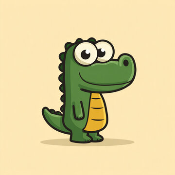 A cute cartoon crocodile in a simple flat style, featuring big expressive eyes, a friendly smile, simple shapes, and a thick outline against a solid colorful background.