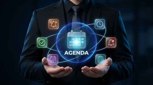 Businessman holding virtual glowing calendar agenda with time management icons