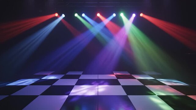 Colorful Disco Spotlights Shining on Checkered Dance Floor in Dark Venue