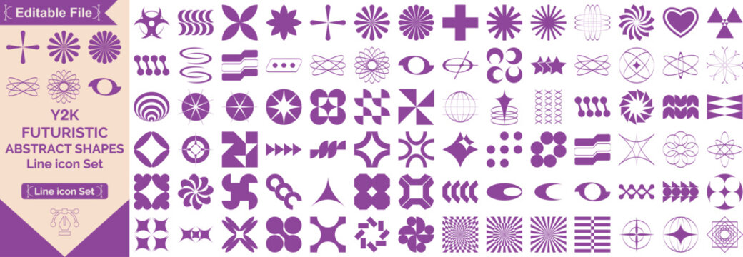 Retro futuristic elements for design. Big collection of abstract graphic geometric symbols and objects in y2k style. Templates for notes, posters, banners, stickers, business cards, Set.