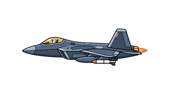A cartoon-style illustration of a dark blue military fighter jet with a pointed nose and cockpit