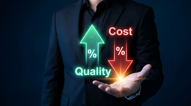 Businessman presenting virtual arrows showing high quality increase and cost reduction