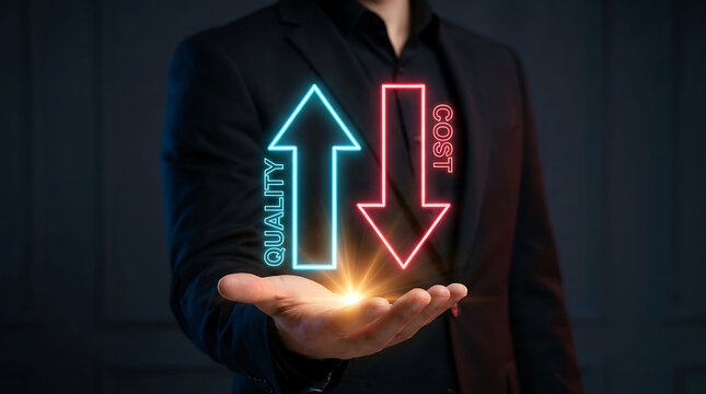 Businessman holding virtual glowing arrows presenting higher quality and lower cost