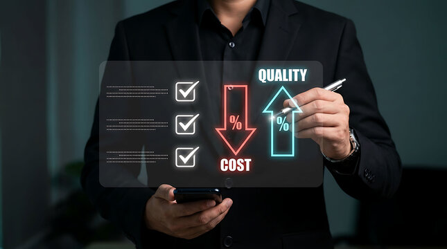 Businessman pointing pen at virtual checklist with cost reduction and quality growth arrows