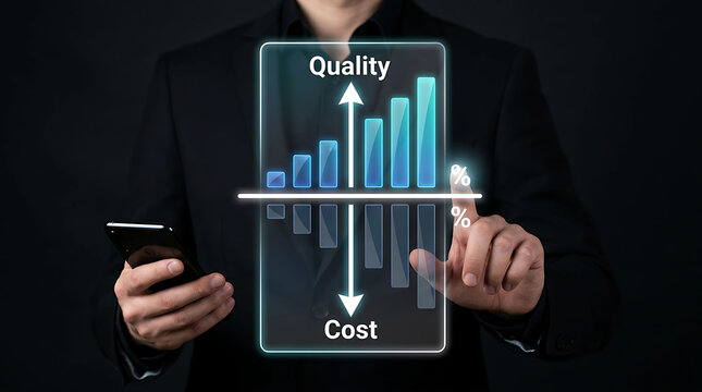 Businessman holding smartphone and pointing at virtual cost reduction and quality growth chart