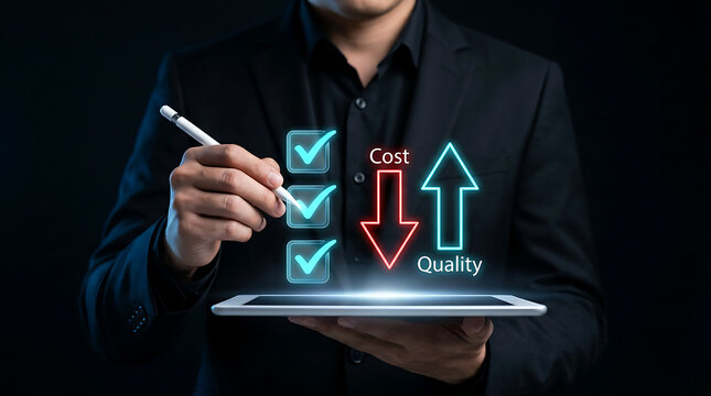 Businessman holding tablet with virtual checklist cost reduction and quality growth arrows