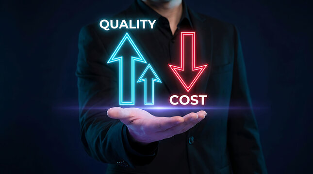 Businessman holding virtual glowing arrows presenting higher quality and lower cost