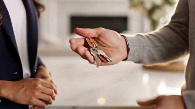 Close detail of metal house keys with leather fobs passing from person in dark blazer to recipient in light sleeve inside softly lit modern living room, suggesting home transfer and trust