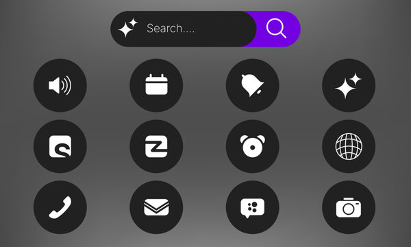 Mobile application menu user interface with smart AI search bar and flat icons
