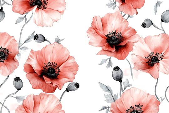 Seamless pattern with beautiful red poppy flowers isolated on white background