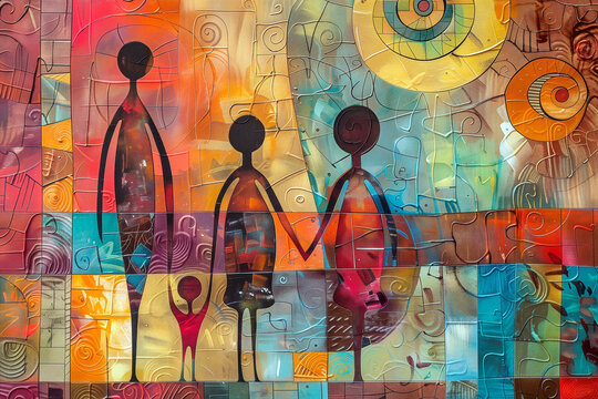 Abstract stick figure family holding hands in colorful mosaic art