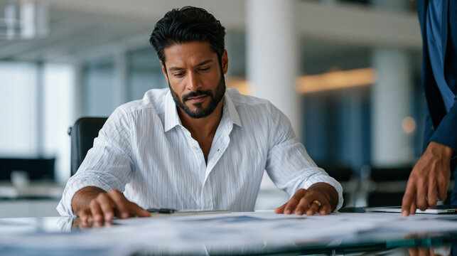 Young Indian software engineer in business casual attire reviews H1B sponsorship documents spread across a glass conference table in a corporate office, his manager standing nearby pointing to highl