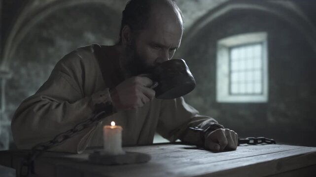 Gloomy cell inmate in rusty cuffs taking a sip from a clay cup and putting it back on a table, while sitting next to a solitary burning candle, inside a stone prison