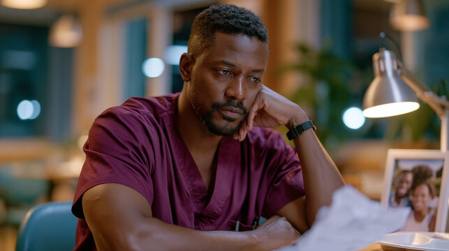 Exhausted Nigerian physician in hospital scrubs sits alone in a break room staring at a crumpled job acceptance letter from an overseas hospital, a framed family portrait on the table beside his unt