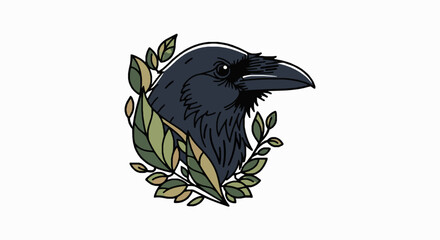Obraz premium Illustration of a raven head surrounded by green leaves