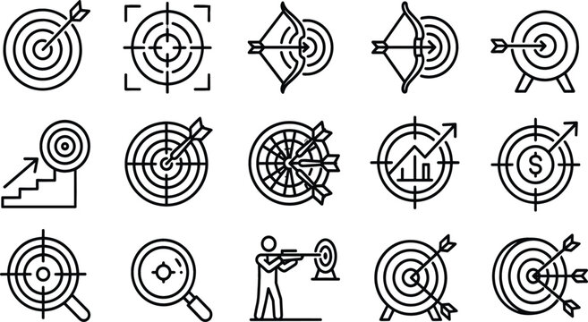 Business target and goal line icon set vector illustration featuring bullseye archery bow dartboard arrow growth chart sniper aim and financial objective concepts