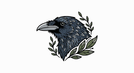 Obraz premium Raven head illustration with green leaves