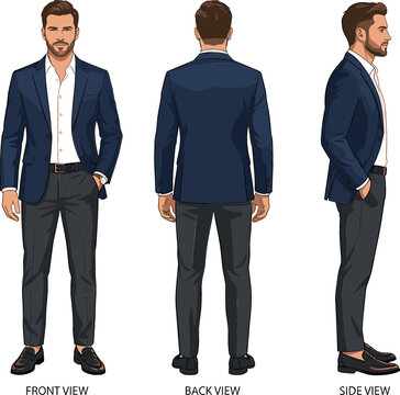 Businessman character fashion sheet vector illustration displaying front back side view turnaround template wearing smart casual navy blazer suit jacket trousers loafers