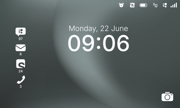 Mobile operating system lock screen interface with clock widget and app notifications
