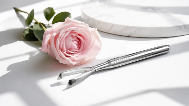 Soft pink rose with stainless steel cuticle pusher on white surface in natural light