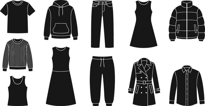 Capsule wardrobe black garments collection flat vectors containing basic t shirt hoodie jeans dress puffer jacket sweater sweatpants trench coat button shirt