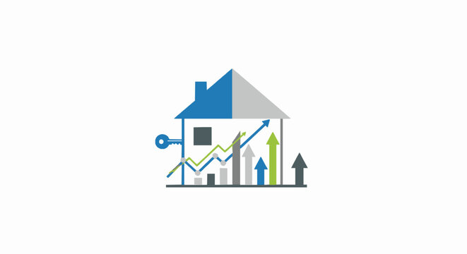 Real estate growth concept with house icon, rising charts and key