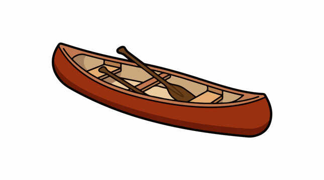 A cartoon-style illustration of a brown canoe with two oars