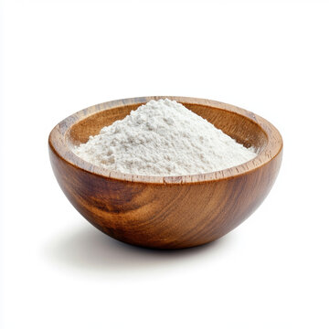 Bowl filled with white flour on a plain background used for baking and cooking tasks