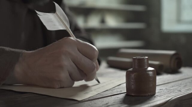 Hands of a monk in a brown robe dipping a white quill into a ceramic inkwell and writing on parchment on a wooden table inside a scriptorium